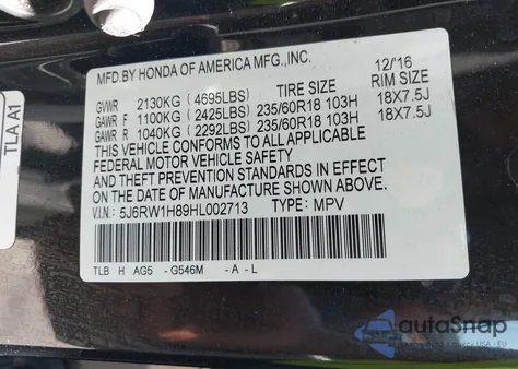 2017 Honda Cr-V Ex-L/Ex-L Navi from USA, damaged, VIN 5J6RW1H89HL002713